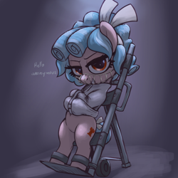 Size: 3000x3000 | Tagged: safe, alternate version, artist:t72b, cozy glow, pegasus, pony, g4, bipedal, bondage, bow, cart, female, filly, foal, glare, hair bow, looking at you, mask, restrained, silence of the lambs, solo, straitjacket