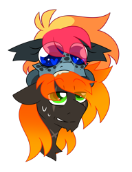 Size: 3393x4425 | Tagged: safe, artist:crazylooncrest, artist:crazysketch101, oc, oc only, oc:ashton burnside, oc:crazy looncrest, pegasus, pony, biting, bust, duo, freckles, heart, heart eyes, scar, sharp teeth, ship:burncrest, simple background, sweat, teeth, transparent background, wingding eyes