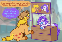 Size: 1280x868 | Tagged: safe, artist:dapperlilarts, applejack, rarity, g4, made in manehattan, my little pony: friendship is magic, applejacked, blushing, duo, duo female, female, flirting, heart, kissing booth, lesbian, mare, muscles, scene interpretation, ship:rarijack, shipping