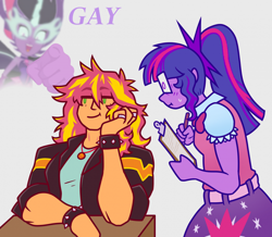 Size: 1024x891 | Tagged: safe, artist:dapperlilarts, sci-twi, sunset shimmer, twilight sparkle, equestria girls, g4, clipboard, clothes, fanfic, fanfic art, fanfic cover, female, geode of empathy, jacket, lesbian, magical geodes, midnight sparkle, pointing, ship:sci-twishimmer, ship:sunsetsparkle, shipper on deck, shipping, text