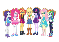 Size: 2200x1600 | Tagged: safe, artist:cwt10101, applejack, fluttershy, pinkie pie, rainbow dash, rarity, sci-twi, sunset shimmer, twilight sparkle, equestria girls, g4, applejack's hat, applejack's skirt, clothes, converse, cowboy hat, cowgirl, fluttershy boho dress, hat, humane five, humane seven, humane six, pink skirt, purple skirt, rah rah skirt, rarity peplum dress, sci-twi skirt, shoes, simple background, skirt, stetson, transparent background