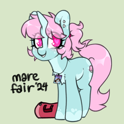 Size: 4000x4000 | Tagged: safe, artist:itsspoops, oc, oc only, oc:scoops, pony, unicorn, mare fair, badge, bag, blushing, cute, duffle bag, female, freckles, heart, heart eyes, horn, mare, simple background, solo, unicorn oc, wingding eyes