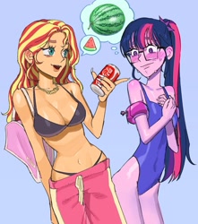 Size: 1690x1912 | Tagged: safe, artist:ridovax, sci-twi, sunset shimmer, twilight sparkle, equestria girls, g4, bags under eyes, bare shoulders, bikini, breast envy, breasts, busty sunset shimmer, clothes, coke, duo, female, glasses, lesbian, looking at breasts, one-piece swimsuit, ship:sci-twishimmer, ship:sunsetsparkle, shipping, sleeveless, soda, swimsuit, watermelon