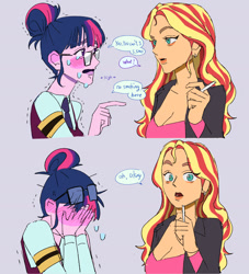 Size: 1920x2118 | Tagged: safe, artist:ridovax, sci-twi, sunset shimmer, twilight sparkle, human, equestria girls, g4, bags under eyes, breasts, busty sunset shimmer, duo, female, glasses, lesbian, nervous, ship:sci-twishimmer, ship:sunsetsparkle, shipping, simple background, smoking