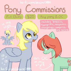 Size: 4000x4000 | Tagged: safe, artist:desire0884, derpy hooves, oc, earth pony, pegasus, pony, g4, advertisement, advertisement in description, advertising, any gender, any species, commission, commission info, commission info in description, commission open, female, folded wings, food, full body, gray coat, green coat, looking at you, mare, muffin, pink background, red hair, simple background, smiling, tongue out, wings, yellow eyes, yellow hair