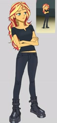 Size: 1458x3141 | Tagged: safe, artist:ridovax, sunset shimmer, human, equestria girls, g4, my little pony equestria girls: better together, bags under eyes, boots, director shimmer, female, screencap reference, shoes, solo, unamused