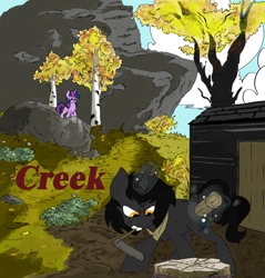 Size: 3442x3600 | Tagged: safe, artist:ponny, twilight sparkle, oc, oc:carbon creek, pony, unicorn, g4, axe, colored, cover art, door, female, horn, hut, looking down, magic, mare, outdoors, rock, telekinesis, text, tree, weapon