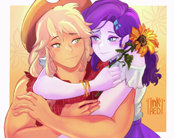 Size: 1440x1141 | Tagged: safe, artist:inkrred, applejack, rarity, human, equestria girls, g4, duo, duo female, female, flower, hug, hug from behind, lesbian, looking at each other, looking at someone, neck hug, passepartout, ship:rarijack, shipping, sleeveless, smiling, smiling at each other, sunflower