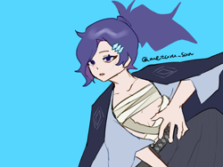 Size: 4096x3072 | Tagged: safe, artist:metaruscarlet, rarity, human, samurai rarity au, g4, alternate hairstyle, alternate universe, blue background, clothes, facial scar, hairpin, humanized, katana, kimono (clothing), open mouth, sarashi, scar, simple background, solo, sword, weapon