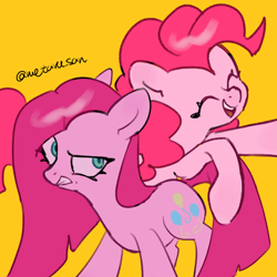 Size: 4096x4096 | Tagged: safe, artist:metaruscarlet, pinkie pie, earth pony, pony, g4, female, glare, mare, open mouth, pinkamena diane pie, raised hoof, simple background, smiling, teeth, yellow background