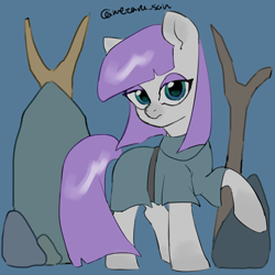 Size: 4096x4096 | Tagged: safe, artist:metaruscarlet, maud pie, earth pony, pony, g4, blue background, clothes, female, looking at you, mare, raised hoof, rock, simple background, solo, tree