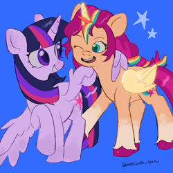 Size: 4096x4096 | Tagged: safe, artist:metaruscarlet, sunny starscout, twilight sparkle, alicorn, pony, g4, g5, artificial horn, artificial wings, augmented, blue background, female, horn, hug, looking at each other, looking at someone, magic, magic horn, magic wings, mane stripe sunny, mare, one eye closed, open mouth, race swap, raised hoof, simple background, stars, sunny and her heroine, sunnycorn, twilight sparkle (alicorn), winghug, wings, wink