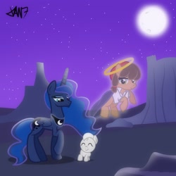 Size: 1280x1280 | Tagged: safe, artist:jintannie, princess luna, oc, alicorn, earth pony, pony, g4, baby, baby pony, crystal, female, halo, hijo de la luna, mare, moon, night, outdoors