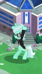 Size: 207x365 | Tagged: safe, gameloft, lyra heartstrings, pony, unicorn, g4, bipedal, female, glasses, horn, mare, outdoors, raised hoof, screenshots, solo