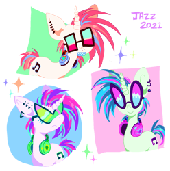 Size: 1381x1392 | Tagged: safe, artist:sparkleanimal, dj pon-3, vinyl scratch, pony, unicorn, g4, 2021, alternate color palette, alternate mane color, alternate tail color, big ears, colored eyelashes, ear piercing, earring, eyelashes, female, glasses, headphones, helix piercing, horn, jewelry, looking at you, mare, multiple angles, old art, piercing, short tail, signature, simple background, smiling, smiling at you, solo, sparkles, spiky mane, spiky tail, tail, transparent background, triality, unicorn horn, vinyl's glasses, vinyl's headphones