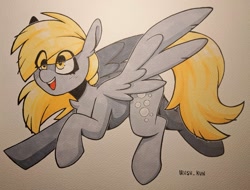 Size: 1041x791 | Tagged: safe, artist:lrusu, derpy hooves, pegasus, pony, g4, canvas, eye clipping through hair, female, flying, mare, marker drawing, painting, solo, traditional art, wings