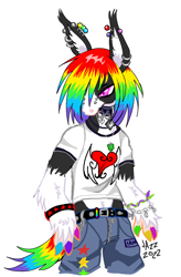 Size: 974x1483 | Tagged: safe, artist:sparkleanimal, oc, oc only, oc:niji, horse, anthro, 2022, anthro oc, arm fluff, artfight, baggy pants, barely pony related, belt, bridge piercing, claws, clothes, cob horse, collar, colored claws, colored ear fluff, colored muzzle, colored pupils, denim, draft horse, ear fluff, ear piercing, earring, gift art, industrial piercing, jeans, jewelry, magenta pupils, male, male oc, multicolored hair, multicolored mane, necklace, old art, oversized clothes, pale muzzle, pants, piercing, pink eyes, rainbow hair, rainbow tail, shirt, simple background, smiling, solo, spiked belt, spiked collar, stallion, stallion oc, t-shirt, tail, tall ears, white background