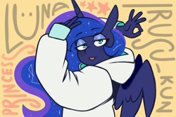 Size: 3000x2000 | Tagged: safe, artist:lrusu, princess luna, alicorn, anthro, g4, clothes, cute, eyeshadow, female, hoodie, horn, lidded eyes, looking at you, makeup, mare, ok hand sign, solo, text, tongue out, wings