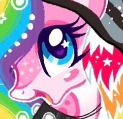 Size: 270x260 | Tagged: safe, artist:sparkleanimal, oc, oc only, oc:princess unregistered hypercam 2, alicorn, pony, alicorn oc, blue eyes, blush sticker, blushing, coontails, ethereal mane, eye markings, eyelashes, facial markings, female, female oc, hat, heart, heart eyes, horn, mare, mare oc, mealy mouth (coat marking), multicolored hair, multicolored mane, open mouth, open smile, pink coat, preview, profile, rainbow hair, smiling, solo, sparkly mane, starry eyes, starry mane, studded collar, wingding eyes, wings