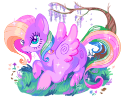 Size: 1560x1241 | Tagged: safe, artist:sparkleanimal, oc, oc only, oc:wistful, ant, insect, isopod, pegasus, pony, g3, 2022, artfight, big ears, big eyes, colored eyelashes, crouching, eyelashes, female, female oc, flower, freckles, g3 oc, gift art, grass, green eyes, heart, heart mark, lineless, mare oc, multicolored mane, multicolored tail, not rarity (g3), old art, pegasus oc, shiny mane, shiny tail, signature, simple background, solo, sparkles, sparkly mane, sparkly tail, sparkly wings, spread wings, tail, three quarter view, transparent background, tree, wavy tail, wings, wisteria