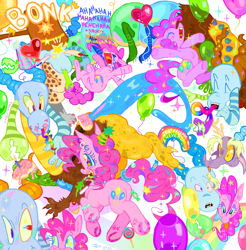 Size: 1913x1947 | Tagged: safe, artist:sparkleanimal, pinkie pie, oc, oc:pantomime, draconequus, earth pony, pony, g4, 2022, ><, abstract, balloon, blue eyelashes, blue sclera, blush lines, blushing, bracelet, cake, candle, candy, candy in hair, candy in tail, cartoon physics, claws, colored claws, colored head, colored horns, colored lineart, colored sclera, colored tail, colorful, commission, crying, cupcake, draconequus oc, duo, ear markings, ear piercing, earring, emanata, ethereal mane, eyelashes, eyes closed, female, floppy ears, fluffy, food, hair accessory, hammer, heart, heart balloon, heterochromia, hoof fluff, horns, horseshoes, jewelry, laughing, lidded eyes, lollipop, looking at someone, lop ears, mane accessory, mare, messy face, mismatched eyes, mismatched legs, monster, motion lines, multicolored tongue, old art, onomatopoeia, open mouth, open smile, piercing, pink coat, pink mane, pink tail, purple eyelashes, rainbow, rainbow tongue, shiny horns, signature, smiling, starry eyes, starry mane, starry tail, tail, tail accessory, tears of laughter, tongue out, wingding eyes, yellow sclera