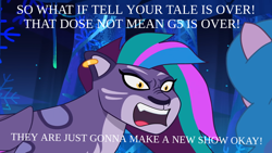 Size: 1280x720 | Tagged: safe, edit, edited screencap, screencap, allura, izzy moonbow, big cat, leopard, pony, snow leopard, unicorn, g5, my little pony: tell your tale, ooh a new friend, comments locked down, grammar error, horn, meme, misspelling, mouthpiece, op can't let go, solo focus, text