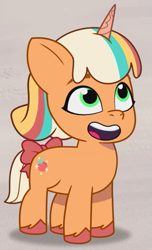 Size: 469x771 | Tagged: safe, screencap, peach fizz, pony, unicorn, g5, my little pony: tell your tale, bow, cropped, cute, female, grin, horn, mare, open mouth, peachsweet, pippsqueaks, smiling, solo, tail, tail bow