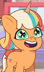 Size: 1102x1806 | Tagged: safe, screencap, peach fizz, pony, unicorn, g5, my little pony: tell your tale, bow, cropped, cute, female, grin, horn, looking at you, open mouth, peachsweet, pippsqueaks, smiling, smiling at you, solo, starry eyes, tail, tail bow, wingding eyes