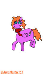 Size: 2480x3508 | Tagged: safe, artist:auramaster151, oc, oc only, oc:aura star, pony, 1000 hours in ms paint, clothes, glasses, green eyes, messy mane, orange mane, orange tail, pink body, red scarf, scarf, simple background, solo, tail, watermark, white background