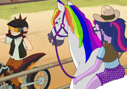 Size: 2388x1668 | Tagged: safe, artist:kaigirly, edit, edited screencap, screencap, sci-twi, twilight sparkle, horse, equestria girls, g4, cowboy hat, cowgirl, hailey's on it!, hat, horsebackriding, motorcycle, outdoors