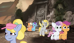 Size: 1845x1080 | Tagged: safe, artist:prixy05, derpy hooves, fifi (g5), glory (g5), peach fizz, scootaloo, sweetie belle, pegasus, pony, unicorn, g4, g5, my little pony: tell your tale, bow, cap, coat markings, female, fifi and her heroine, g4 to g5, gates of shadows, generation leap, glory and her heroine, hat, horn, mare, outdoors, peach fizz and her heroine, pippsqueaks, shadow fight 3, socks (coat markings), tail, tail bow, visor cap