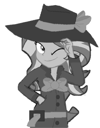 Size: 1126x1438 | Tagged: safe, artist:mlpfan3991, sunset shimmer, human, equestria girls, g4, black and white, clothes, detective, detective rarity, detective shimmer, fedora, female, grayscale, hat, monochrome, noir, simple background, solo, sunset shimmer day, transparent background, trenchcoat