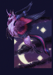 Size: 1736x2456 | Tagged: safe, artist:ossian94, twilight sparkle, alicorn, pony, g4, cheek fluff, colored wings, concave belly, crescent moon, curved horn, female, flying, high res, hoers, horn, mare, moon, multicolored wings, side view, slender, solo, spread wings, starry night, thin, twilight sparkle (alicorn), wings