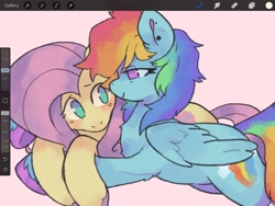 Size: 2224x1668 | Tagged: safe, artist:numetalalicorn, fluttershy, rainbow dash, pegasus, pony, g4, art program in frame, blushing, chest fluff, colored hooves, cuddling, duo, ear piercing, female, hooves, lesbian, mare, no pupils, piercing, procreate app, screenshots, ship:flutterdash, shipping