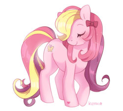 Size: 949x857 | Tagged: safe, artist:kipaki, fluttershy (g3), earth pony, pony, g3, blushing, bow, eyes closed, female, hair bow, mare, signature, simple background, smiling, solo, white background