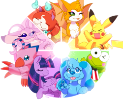 Size: 1957x1598 | Tagged: safe, artist:kipaki, twilight sparkle, alicorn, biyomon, cat, dog, frog, nimbat, pikachu, pony, g4, ;p, ><, angel (lilo and stitch), blue (blue's clues), blue's clues, color wheel challenge, crossover, digimon, dust: an elysian tail, eyes closed, female, fidget, jibanyan, keroppi, lilo and stitch, lilo and stitch the series, looking at you, mare, one eye closed, open mouth, open smile, pokémon, raised hoof, sanrio, signature, simple background, smiling, smiling at you, tongue out, turned head, twilight sparkle (alicorn), white background, wink, winking at you, yo-kai watch