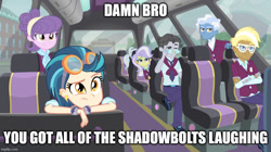 Size: 888x499 | Tagged: safe, edit, edited screencap, screencap, indigo zap, jet set, pokey pierce, sugarcoat, suri polomare, trenderhoof, upper crust, equestria girls, g4, my little pony equestria girls: friendship games, bus, caption, crystal prep shadowbolts, image macro, imgflip, reaction, reaction image, text, you got the whole squad laughing