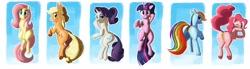 Size: 4096x1123 | Tagged: safe, artist:_ton618_, applejack, fluttershy, pinkie pie, rainbow dash, rarity, twilight sparkle, earth pony, pegasus, pony, unicorn, g4, ;p, alternate hairstyle, applebutt, balloonbutt, bedroom eyes, belly, belly button, bikini, blush lines, blushing, butt, butt freckles, clothes, dock, female, floppy ears, freckles, frog (hoof), gold swimsuit, golden bikini, gradient background, grin, horn, large butt, lidded eyes, looking at you, looking back, looking back at you, mane six, mare, one eye closed, one-piece swimsuit, open mouth, open smile, outline, plot, ponytail, rainbutt dash, raised hoof, raised tail, rear view, rearity, sitting, smiling, smiling at you, swimsuit, tail, tongue out, underhoof, unicorn twilight, white outline, wink, winking at you