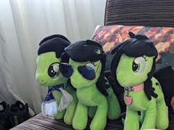 Size: 4032x3024 | Tagged: safe, artist:neuro, oc, oc:filly anon, earth pony, pony, clothes, collar, female, filly, foal, indoors, irl, photo, plushie, scarf, sunglasses, trio