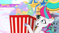 Size: 1920x1080 | Tagged: safe, screencap, zipp storm, pegasus, pony, attack of the vending machine, g5, my little pony: tell your tale, spoiler:g5, spoiler:my little pony: tell your tale, spoiler:tyts02e21, boardtrot, female, female focus, food, giant food, mare, solo focus, unnamed character, unnamed pony, vending machine