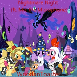 Size: 900x900 | Tagged: safe, artist:user15432, artist:woodentoaster, apple bloom, applejack, nightmare moon, pinkie pie, rainbow dash, scootaloo, spike, sweetie belle, twilight sparkle, alicorn, dragon, earth pony, pegasus, pony, undead, unicorn, vampire, g4, album, album cover, animal costume, bride of frankenstein, chicken pie, chicken suit, clothes, costume, cutie mark crusaders, dragon costume, frankenstein, frankenstein costume, frankenstein's monster, goggles, halloween, halloween costume, hat, holiday, horn, nightmare night, nightmare night costume, outdoors, ponyville, scarecrow, scarecrow costume, scootawolf, shadowbolt dash, shadowbolts costume, star swirl the bearded costume, straw hat, twilight sparkle (alicorn), vampire costume, wizard hat, wizard robe, wolf costume