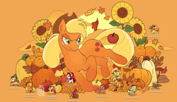 Size: 3104x1786 | Tagged: safe, artist:gorjee-art, apple bloom, applejack, autumn blaze, babs seed, big macintosh, braeburn, cherry jubilee, granny smith, the great seedling, winona, dog, earth pony, kirin, pony, g4, apple, apple family, autumn, autumn blaze and autumn, basket, chibi, computer icon, desktop, female, filly, flower, foal, food, furrowed brow, high res, leaves, male, mare, orange background, pumpkin, rocking chair, simple background, smiling, stallion, straw in mouth, sun, sunflower, sunset