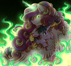 Size: 1364x1264 | Tagged: safe, artist:binibean, princess cadance, queen chrysalis, twilight sparkle, alicorn, pony, unicorn, a canterlot wedding, g4, crying, disguise, disguised changeling, duo, duo female, evil smile, fake cadance, female, fire, floppy ears, green fire, grin, horn, hug, mare, smiling, unicorn twilight