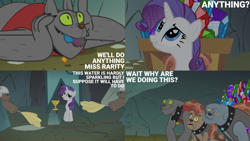 Size: 2000x1125 | Tagged: safe, edit, edited screencap, editor:quoterific, screencap, fido, rarity, rover, spot, diamond dog, pony, unicorn, a dog and pony show, g4, season 1, diamond dog guard, fan, female, gem, horn, male, mare