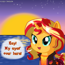 Size: 1980x1986 | Tagged: safe, artist:codenamekid, sunset shimmer, pony, unicorn, g4, afternoon, badge, clothes, equestria girls outfit, female, gradient background, highlights, horn, jacket, looking at you, mare, music festival outfit, namesake, pants, pun, shading, shirt, solo, stars, sun, sunset, sunset shimmer day, sunshine shimmer, talking to viewer, text, visual pun, water