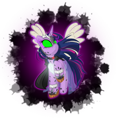 Size: 600x632 | Tagged: safe, artist:itbluebeadti, twilight sparkle, alicorn, pony, unicorn, fanfic:twilight sparkle queen of shadows, series:twilight sparkle queen of shadows, g4, artificial alicorn, artificial wings, augmented, cloak, clothes, collar, collar ring, corrupted, corrupted twilight sparkle, crown, crystal, crystal heart, crystals on body, dark crystal, dark magic, dark queen, dark twilight, dark twilight sparkle, dark world, designer:raggyrabbit94, dress, female, glowing, glowing eyes, helmet, hoof shoes, horn, jewelry, leg band, magic, mane in the wind, mare, peytral, possessed, queen of shadows, queen twilight, regalia, shadow, shoes, silk, simple background, solo, sombra eyes, splatter, splatter background, tiara, transparent background, twilight sparkle (alicorn), tyrant sparkle, wings