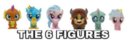 Size: 828x286 | Tagged: source needed, safe, cozy glow, gallus, ocellus, silverstream, smolder, yona, g4, background pony sandbar, clothes, cozybetes, cute, diaocelles, diastreamies, gallabetes, looking at you, merchandise, one of these things is not like the others, palindrome get, see-through, simple background, smolderbetes, tiny, toy, white background, yonadorable