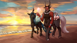 Size: 2561x1439 | Tagged: safe, artist:centaurus20, cozy glow, lord tirek, queen chrysalis, centaur, changeling, changeling queen, pegasus, pony, taur, g4, a better ending for chrysalis, a better ending for cozy, a better ending for tirek, beach, evil smile, female, filly, foal, magic, male, ocean, orb, outdoors, ship:chrysirek, shipping, smiling, straight, trio, walking, water