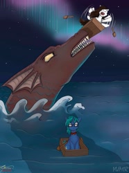 Size: 1540x2075 | Tagged: safe, artist:yumir, oc, oc:jay_prime, pony, unicorn, aurora borealis, boat, collar, duo, glasses, horn, minecraft, oar, outdoors, sea monster, stars, water