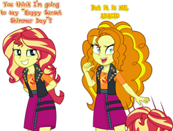 Size: 3283x2500 | Tagged: safe, artist:limedazzle, adagio dazzle, sunset shimmer, equestria girls, g4, clothes swap, eye contact, it was me dio, jojo's bizarre adventure, looking at each other, looking at someone, simple background, transparent background, wig